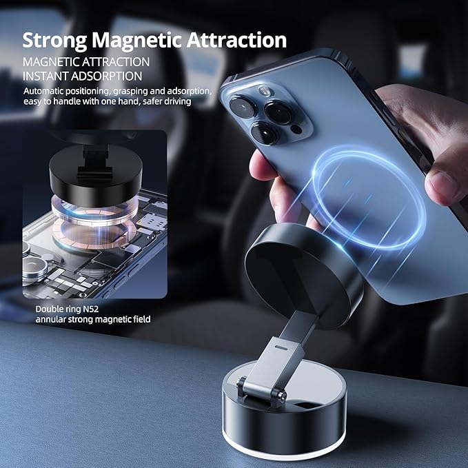 Car Vacuum Suction Magnetic Phone Holder, Upgraded Suction Cup, Magnetic Car Phone holders for phone and Supportable for All Smartphones, Portable Phone Holder Mount for Gym/Mirror/Smooth Surface-Black - Image 2
