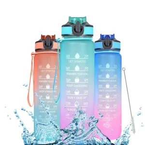 Motivational Sipper Water Bottle for Adults 1 Litre, Time Marker, Leakproof Durable BPA Free Non-Toxic Bottle for Office, Gym, Detoxing