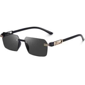Designer Rectangular Rimless Sunglasses for Men, Gold Accents Black Frame